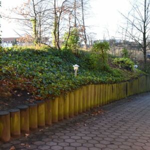 Die Holzeinfassung und die gepflasterte Auffahrt zeigen viele Altersspuren
